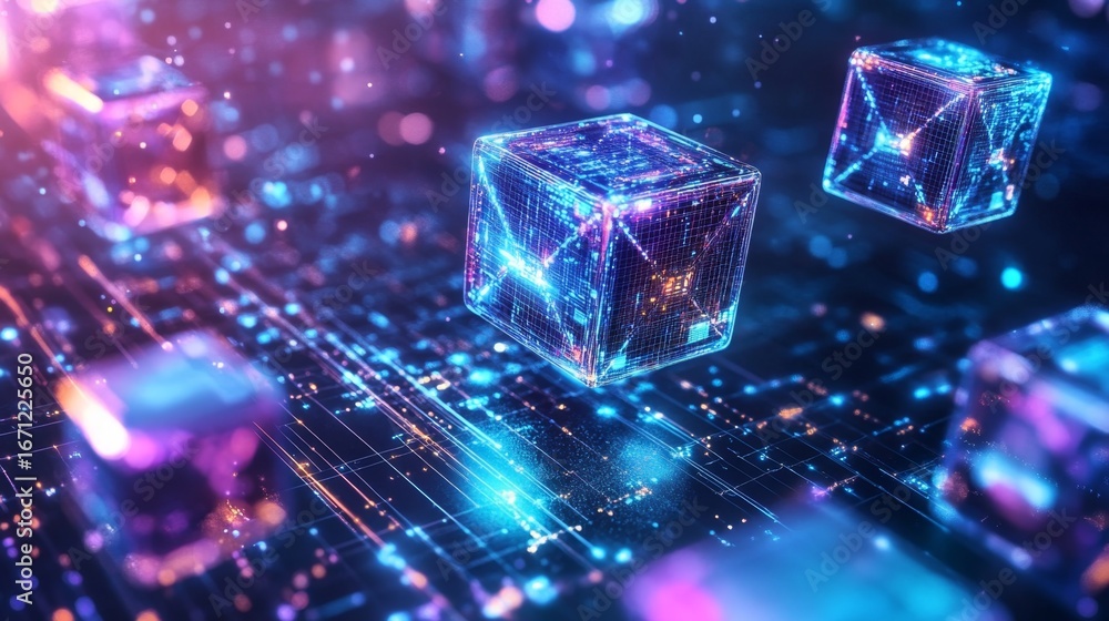 Poster exploring the digital cyberspace neon glowing lines virtual environment 3d graphics futuristic persp