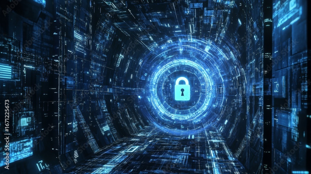 Aufkleber securing the future digital lock technology above a tech matrix in a cyber environment