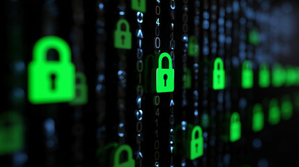 Green padlock icons over binary code background symbolizing digital security.
