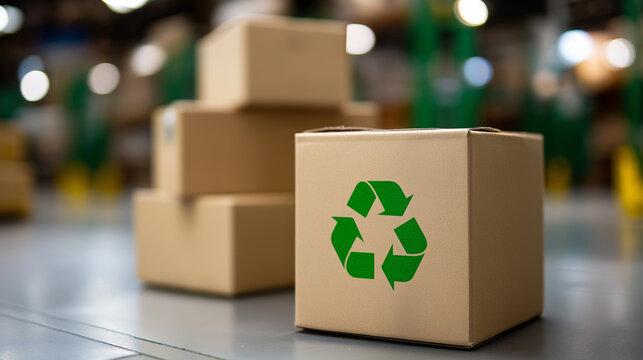Recyclable cardboard box with green symbol placed on warehouse table.
