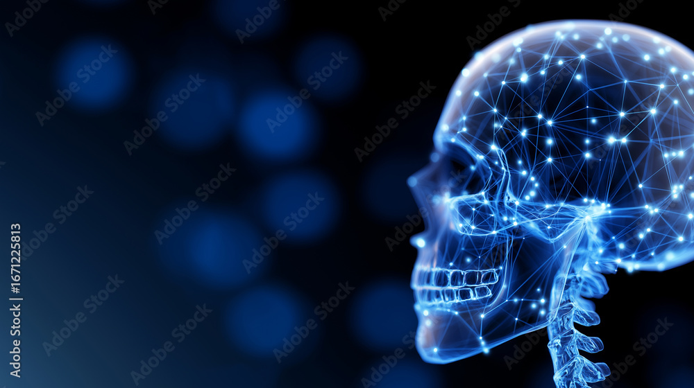 Poster side view digital x-ray of human skull with neural network points and lines overlay.