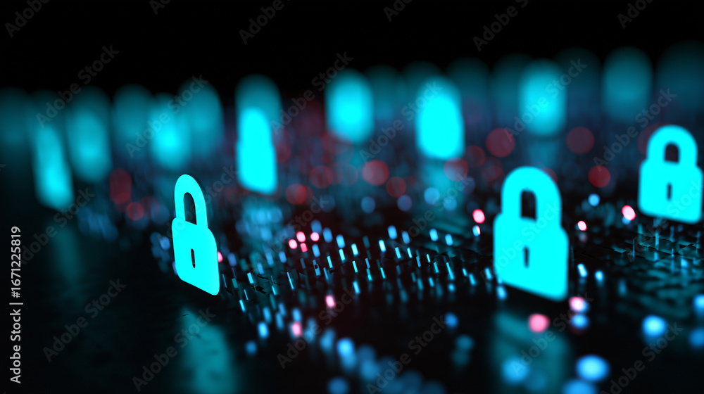 Aufkleber glowing digital padlocks over data network representing cybersecurity and data protection.