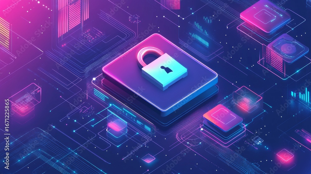 Poster securing digital spaces a lock icon surrounded by technology elements in a futuristic environment