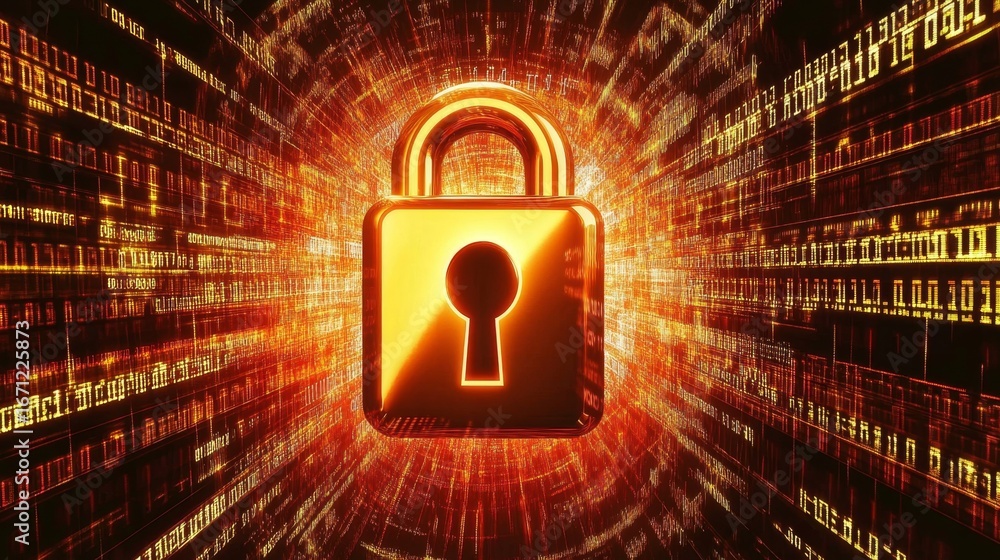 Poster securing digital futures a lock icon surrounded by floating code in a virtual environment