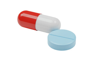Isolated capsule pill with blue tablet on non-color background for pharmaceutical purposes
