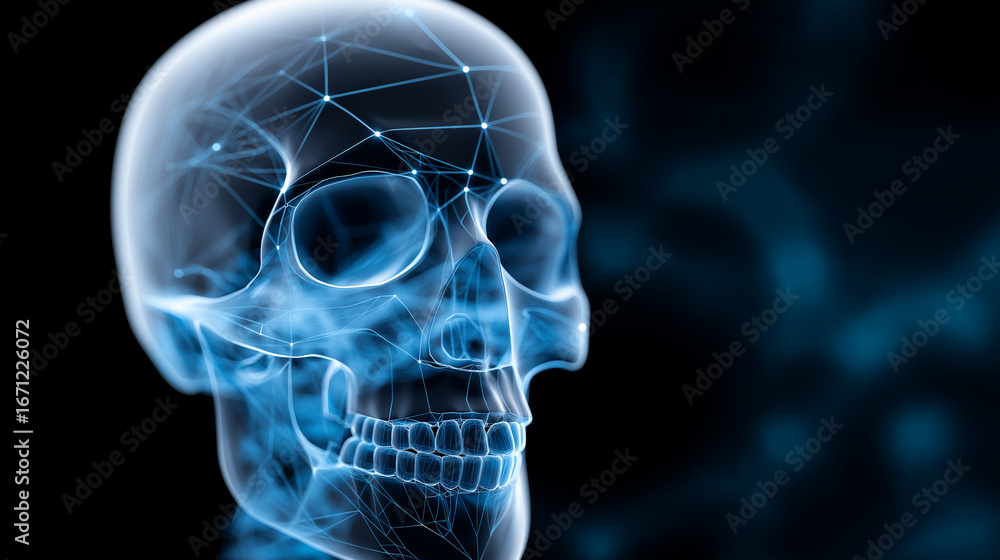 Poster side view digital x-ray of human skull with neural network points and lines overlay.