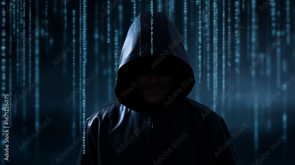 Poster hacker in dark hoodie standing against digital matrix code background.