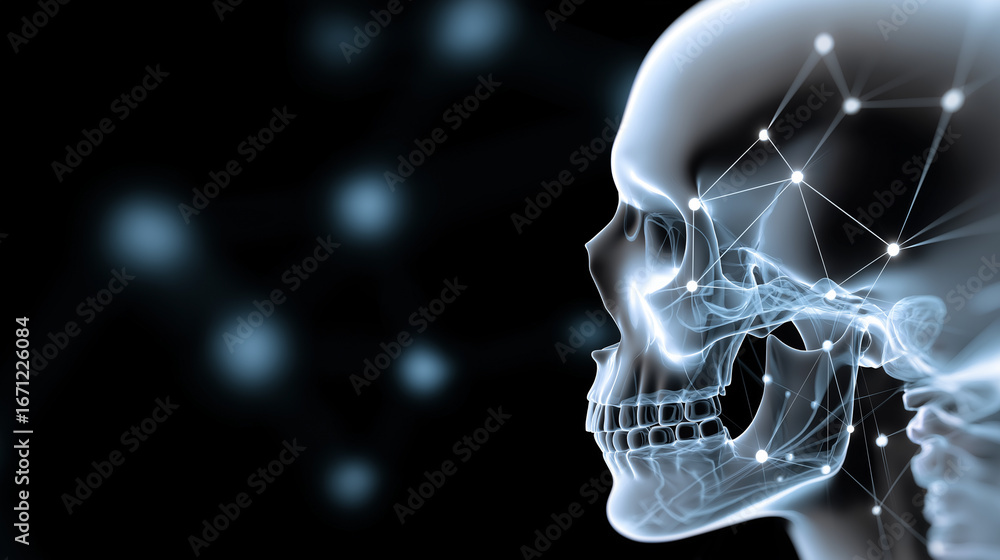 Poster digital x-ray side view of human skull with neural network visualization overlay.