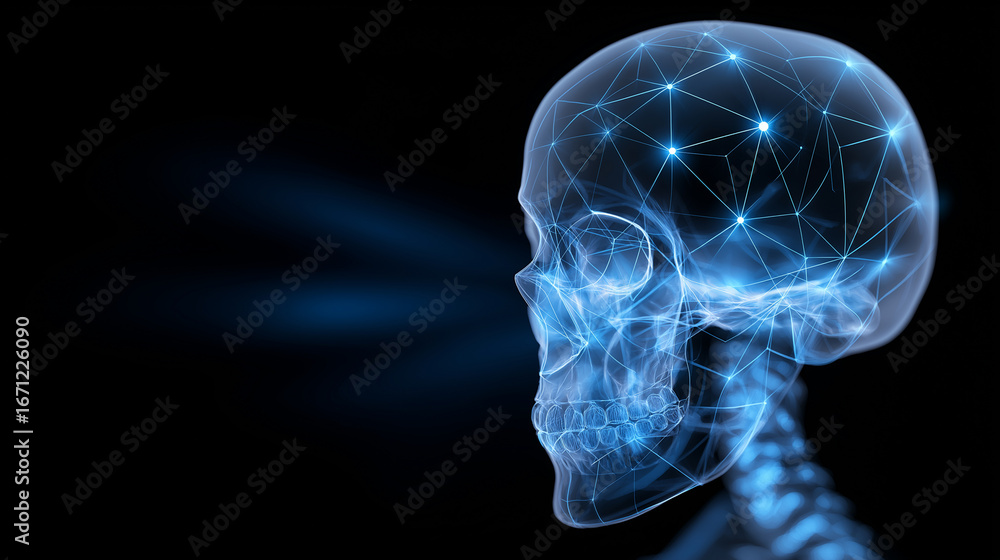 Poster digital x-ray side view of human skull with neural network visualization overlay.