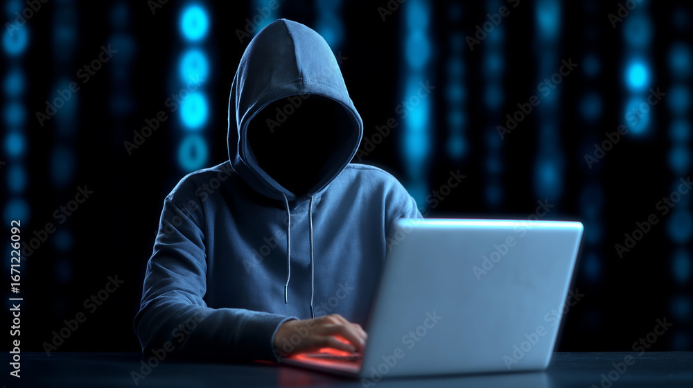 Poster hacker in dark hoodie standing against digital matrix code background.