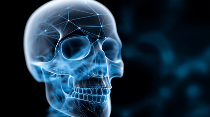 Side view digital X-ray of human skull with neural network points and lines overlay.
