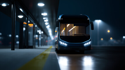 Fototapeta premium Modern bus waiting at empty station platform at night under streetlights. 