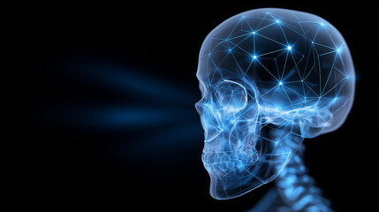 Digital X-ray side view of human skull with neural network visualization overlay.

