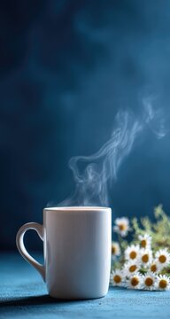 White mug of steaming drink with chamomile flowers