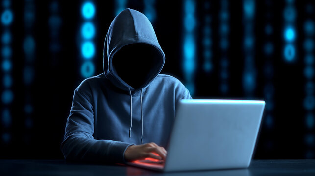 Hacker in dark hoodie standing against digital matrix code background.
