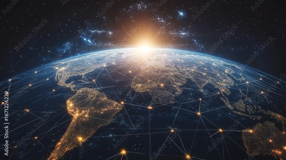 Poster futuristic aerial view of illuminated globe with glowing lines representing global connectivity in o