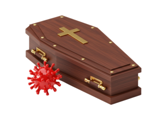 Isolated dark-brown wooden casket with golden cross and coronavirus near coffin at angle
