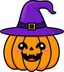 Cute Pumpkin with Witch Hat Cartoon Illustration