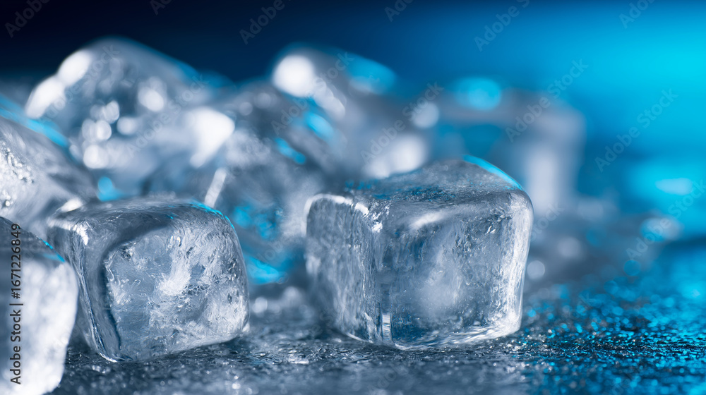 Poster stack of ice cubes melting on reflective surface with blue bokeh background.