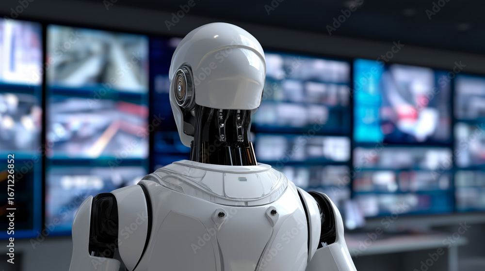Aufkleber advanced humanoid robot standing in front of a digital wall with multiple media screens.