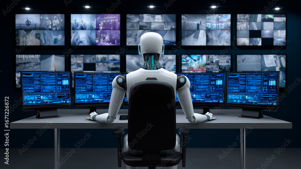 Poster artificial intelligence robot monitoring multiple surveillance screens in high-tech control room.