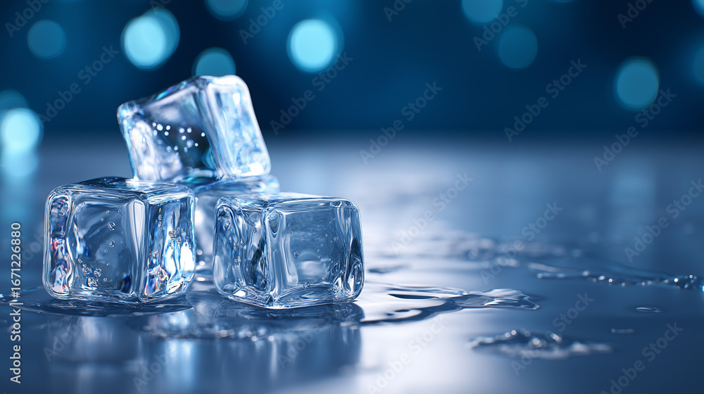 Poster stack of ice cubes melting on reflective surface with blue bokeh background.