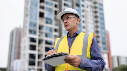Construction engineer writing on clipboard while inspecting building site.
