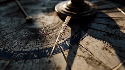 Detailed macro shot of a sundials shadow arm background softly blurred evoking ancient timekeeping and natural cycles.