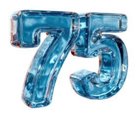 Artistic glass number 75 sculpture digital isolated on transparent background