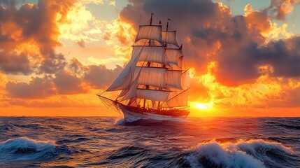 Obraz premium Majestic sailing ship navigating vast ocean waves with dramatic sunset sky, 4K landscape wallpaper suitable for desktop backgrounds, travel-themed designs, natural scenery decorations