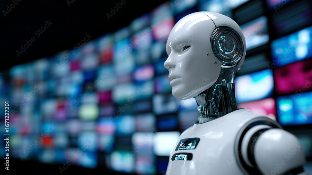 Poster advanced humanoid robot standing in front of a digital wall with multiple media screens.