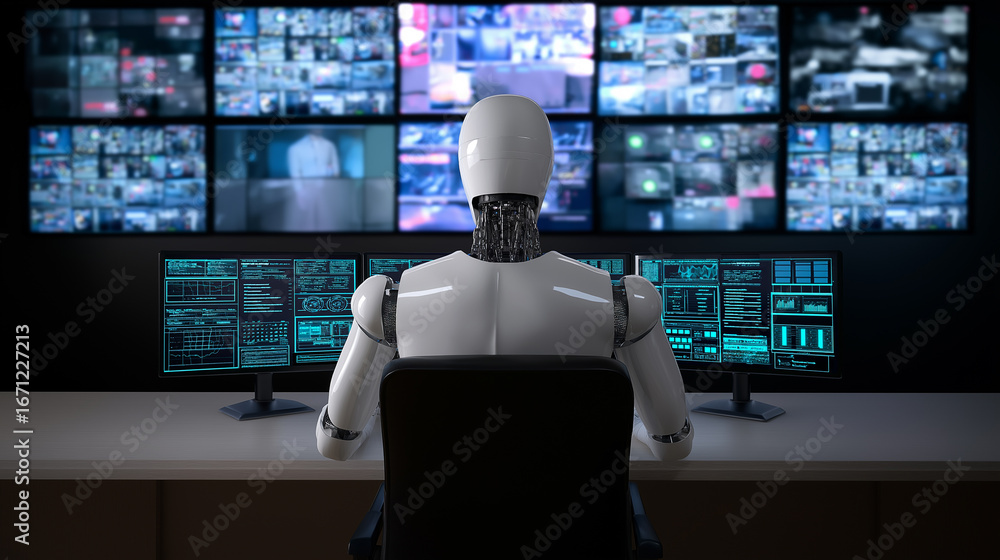 Aufkleber futuristic robot monitoring multiple security camera feeds on large control screens.