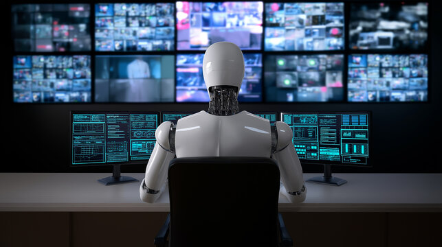 Futuristic robot monitoring multiple security camera feeds on large control screens.
