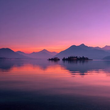 Serene lake vista at sunrise. Calm water reflects vibrant sunset hues over islands and mountains