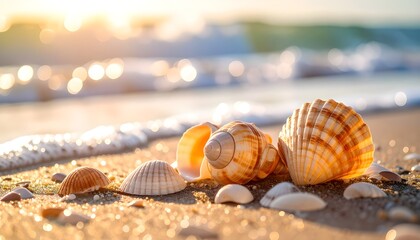 A tranquil collection of various seashells resting on the sun-kissed sand with sparkling ocean waves during a golden sunset