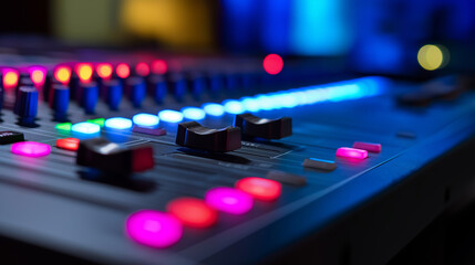 Close-up of colorful audio mixing console with illuminated buttons and sliders in recording studio.
