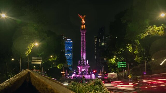 Angel of Independence zoom out time lapse view at night in Mexico City, Mexico