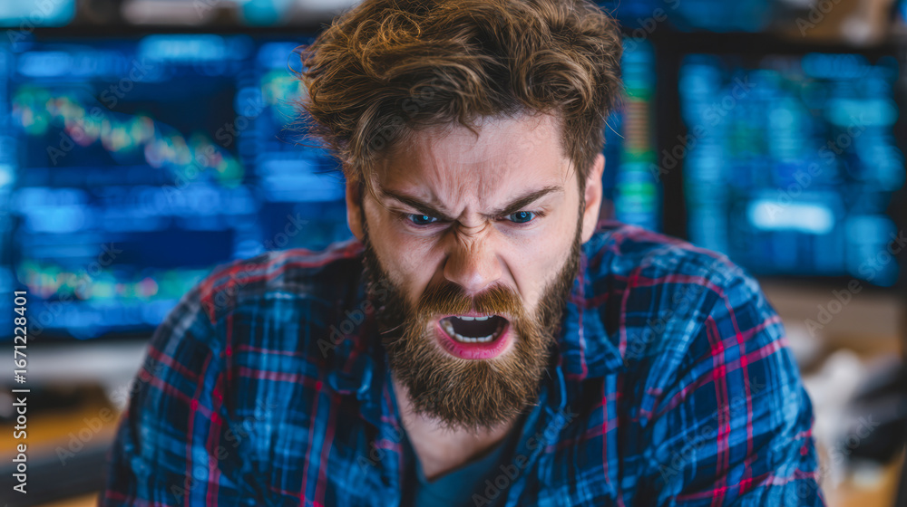 Poster angry trader expressing frustration in financial market environment, surrounded by multiple screens 