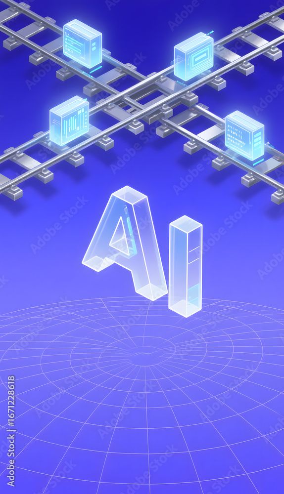 Poster ai-themed graphic with transparent cubes on railway tracks against a grid background