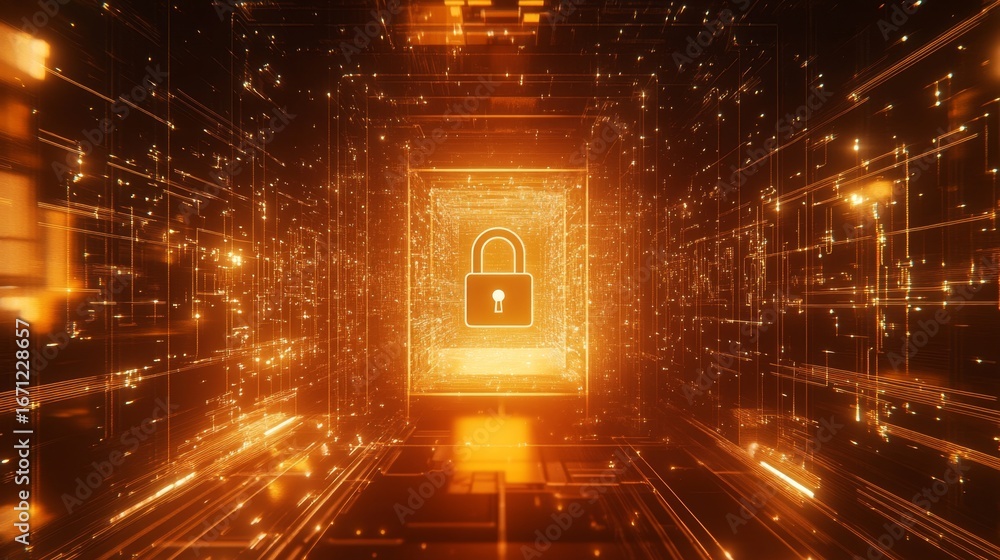 Poster unlocking security a glowing padlock surrounded by data streams in a virtual environment
