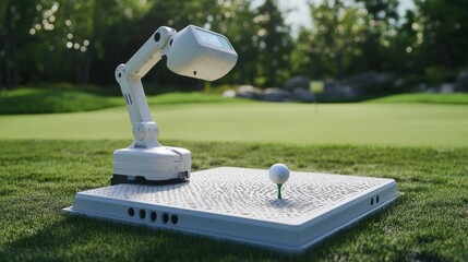Golf robot places golf ball on tee at golf course robotic technology in action outdoor sports perspective for enhanced play