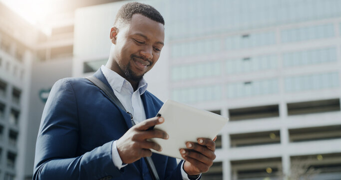 City, business and happy black man with tablet to check email, review policy or development. Technology, outdoor and urban planner reading update for infrastructure, research and planning online - Powered by Adobe