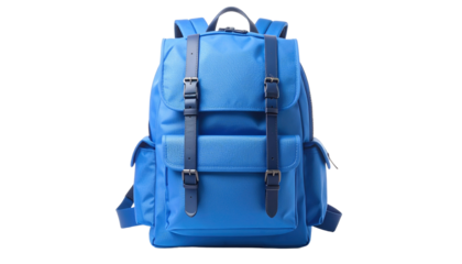 Stylish blue backpack with adjustable straps and multiple pockets for travel and school