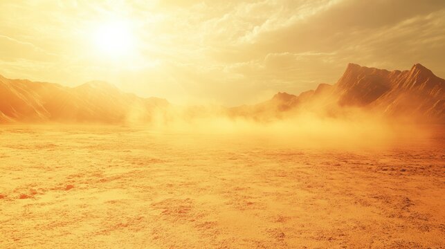 A vast desert landscape bathed in golden sunlight, featuring distant mountains and swirling dust, creating a warm and arid atmosphere.