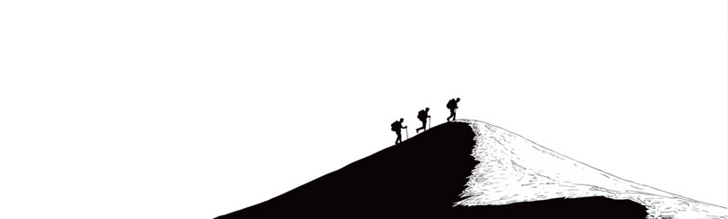 Obraz premium Three hikers navigate a snow-covered terrain, silhouetted against a contrasted background. Their footprints break the surface as they make their way through the serene wilderness.
