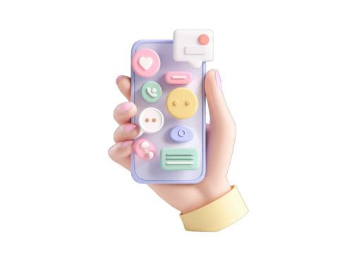 Hand holding a pastel-colored smartphone with various app icons
