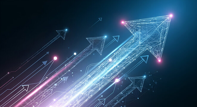 Dynamic digital arrows pointing upwards, symbolizing growth, progress, and business success against a vibrant blue background, perfect for tech concepts