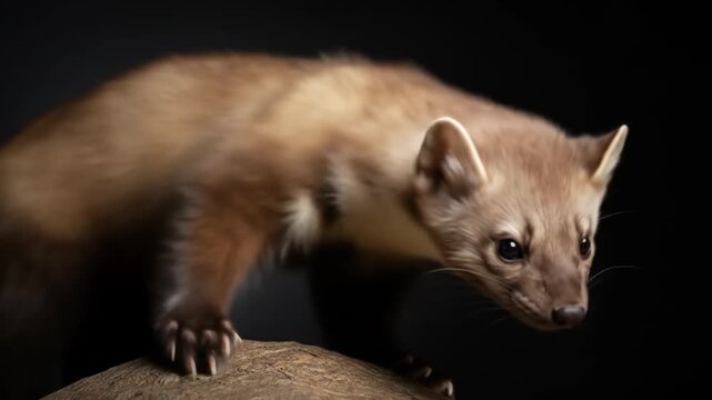 European Marten Portrait on Rock with Brown Fur and Dark Eyes Isolated on Black Background in a Studio Shot