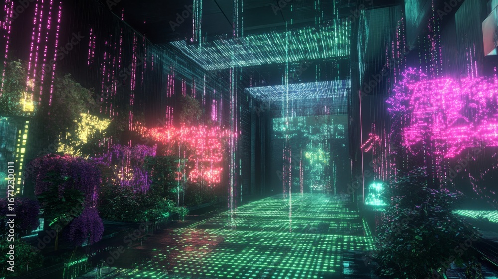 Poster exploring a high-tech cyberspace environment with glowing bioluminescent flora virtual realm digital
