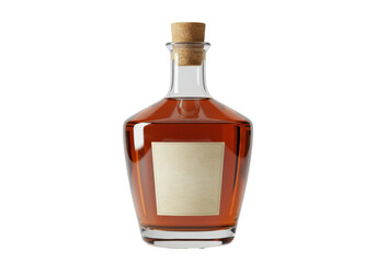 Isolated bottle of amber-colored alcohol with cork stopper and label, front view, liquor